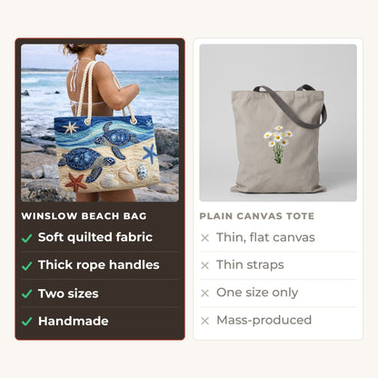 Handmade Beach Bag - Turtles and Starfish compared with a plain canvas tote