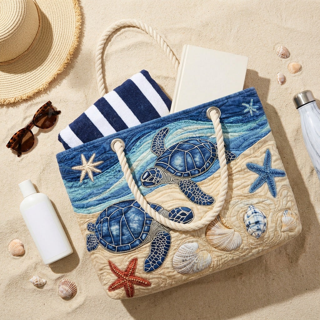 Handmade Beach Bag - Turtles and Starfish flat lay with beach essentials