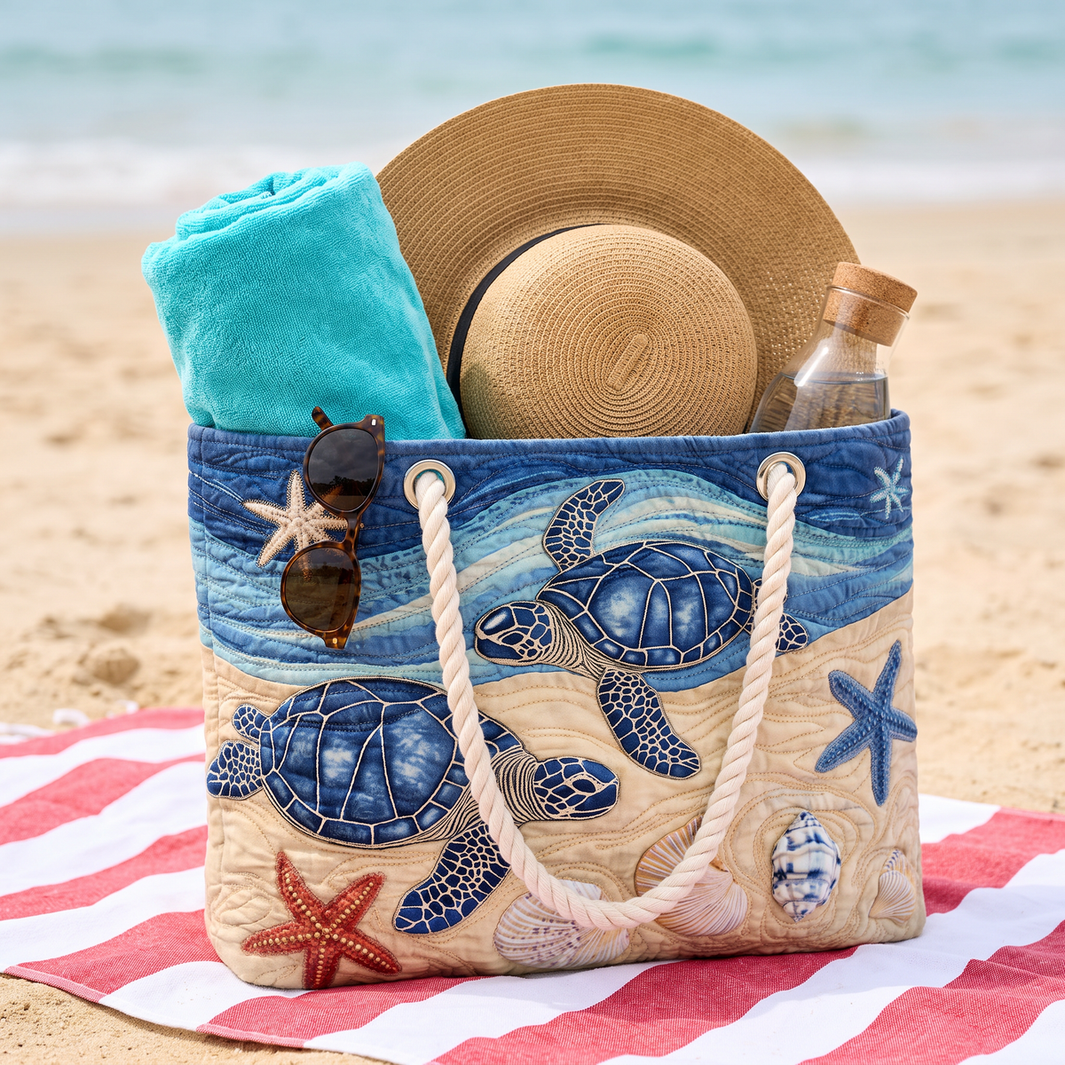 Handmade Beach Bag - Turtles and Starfish