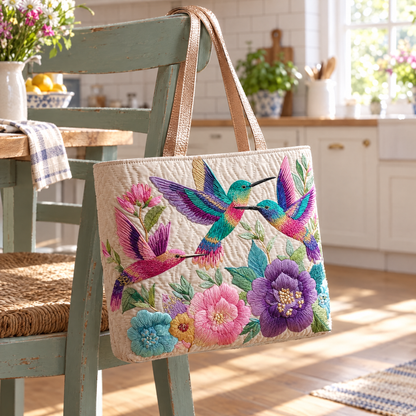 Quilted Tote Bag - Hummingbird Flower Garden