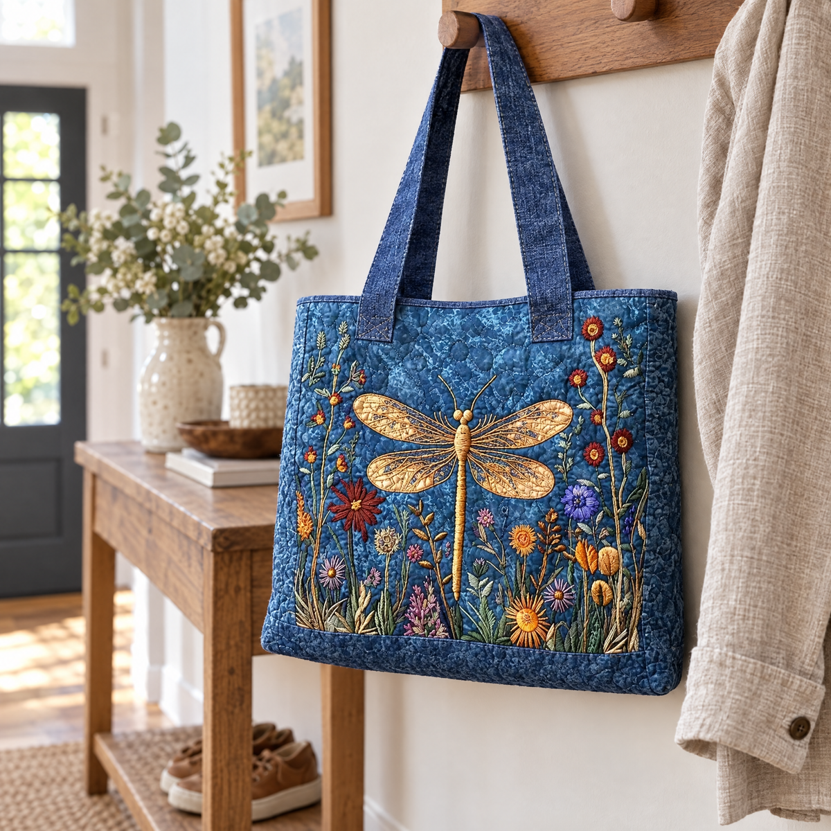 Quilted Tote Bag - Golden Dragonfly