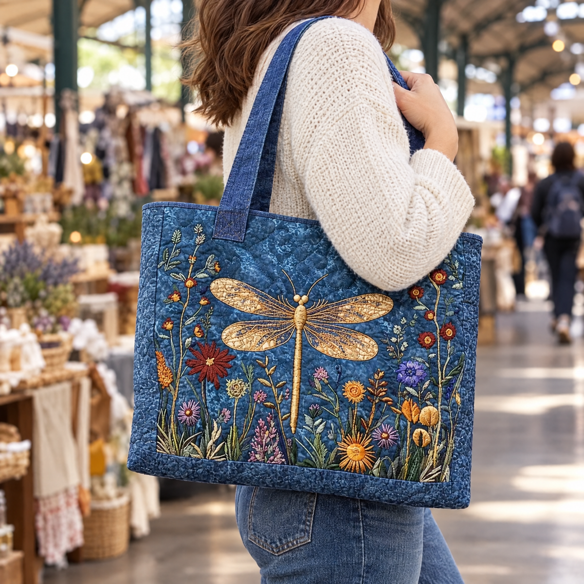 Quilted Tote Bag - Golden Dragonfly