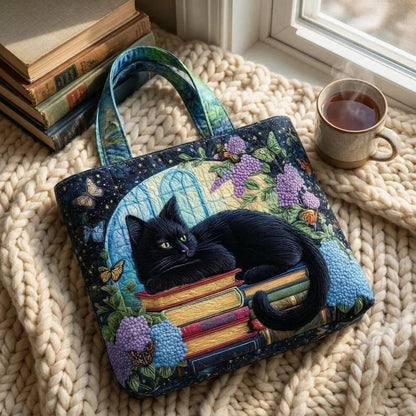 Quilted Tote Bag - Black Cat on Books