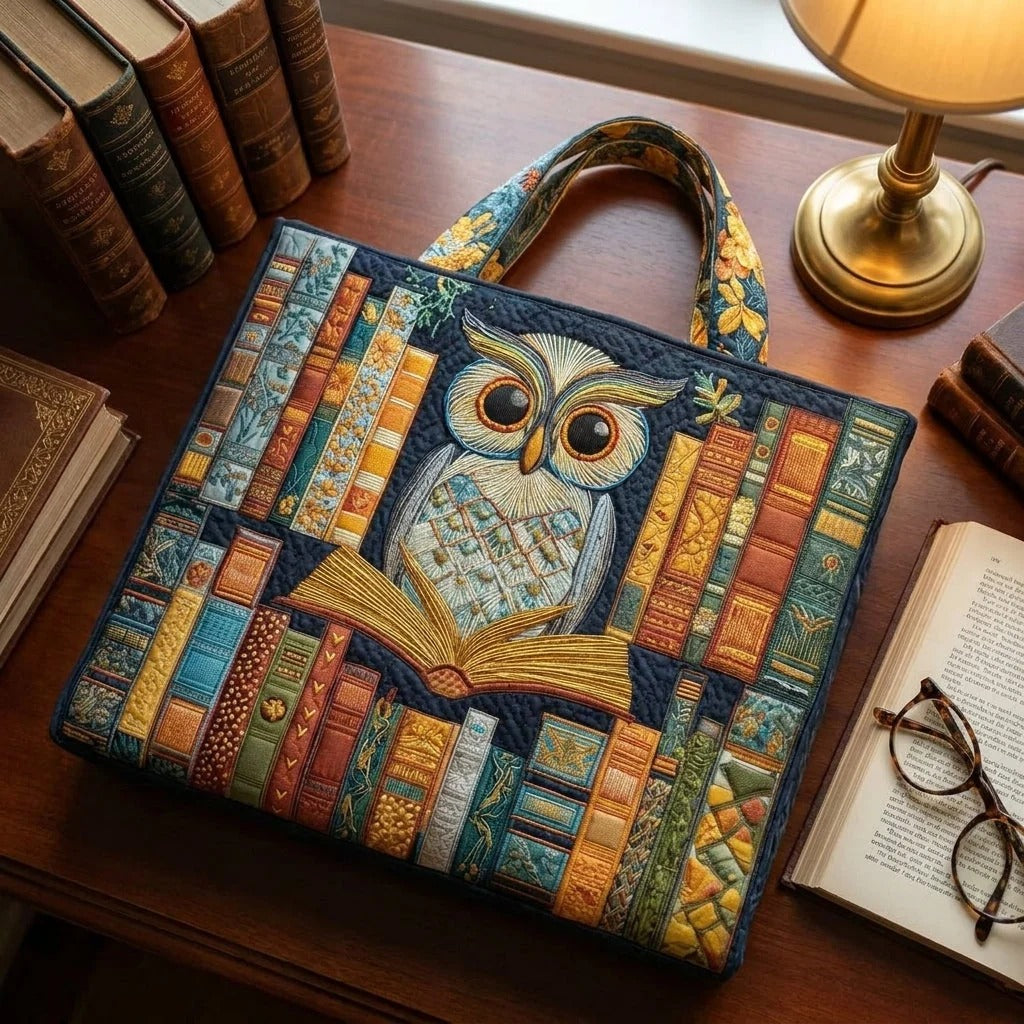 Quilted Tote Bag - Owl and Old Books