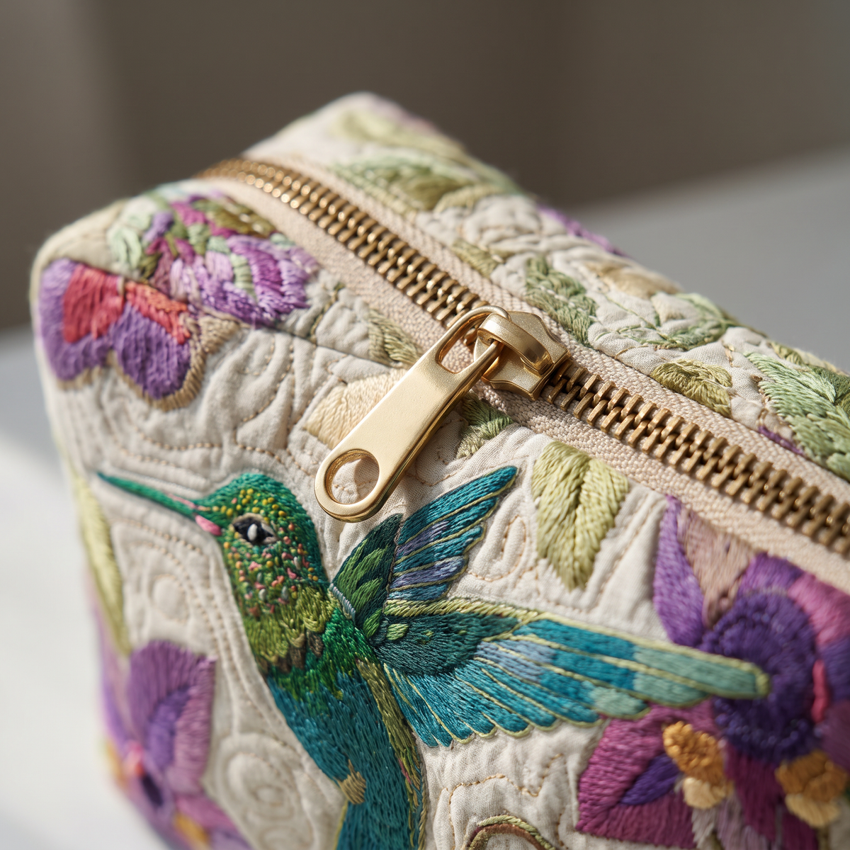 Mabel - Quilted Toiletry Bag - Embroidered Hummingbird Garden