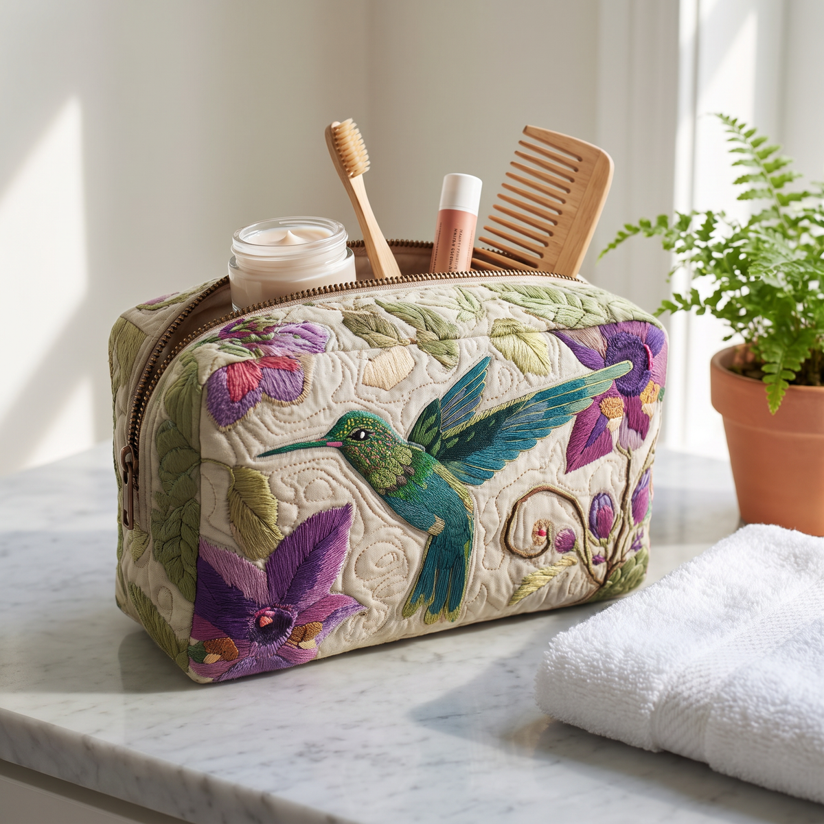 Mabel - Quilted Toiletry Bag - Embroidered Hummingbird Garden