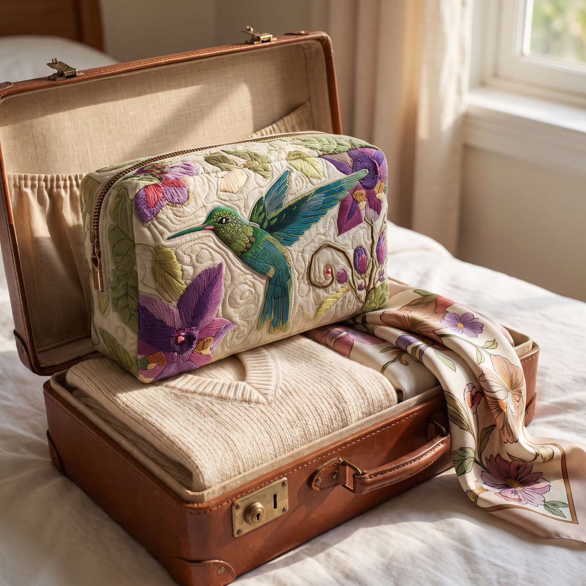 Mabel - Quilted Toiletry Bag - Embroidered Hummingbird Garden