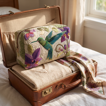 Mabel - Quilted Toiletry Bag - Embroidered Hummingbird Garden