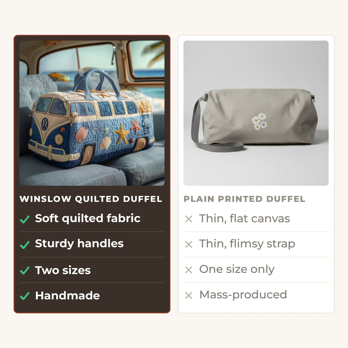 Quilted Duffel Bag - Beach Camper compared with a plain printed duffel