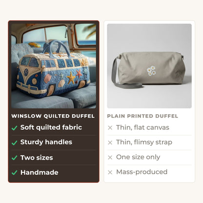 Quilted Duffel Bag - Beach Camper compared with a plain printed duffel