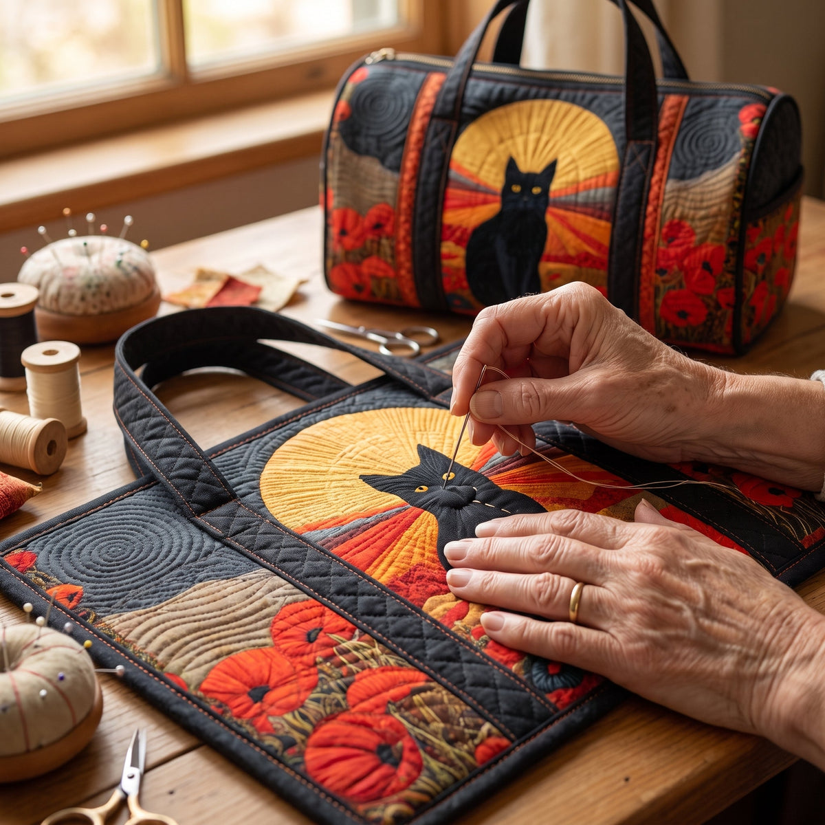 Quilted Duffel Bag - Black Cat at Sunset