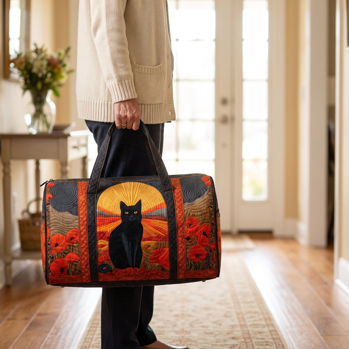 Quilted Duffel Bag - Black Cat at Sunset