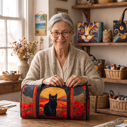 Quilted Duffel Bag - Black Cat at Sunset