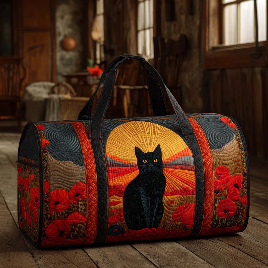 Quilted Duffel Bag - Black Cat at Sunset