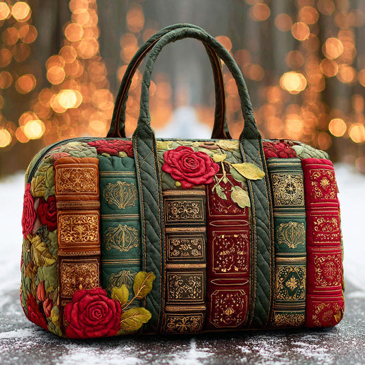 Quilted Duffel Bag - Books and Red Roses