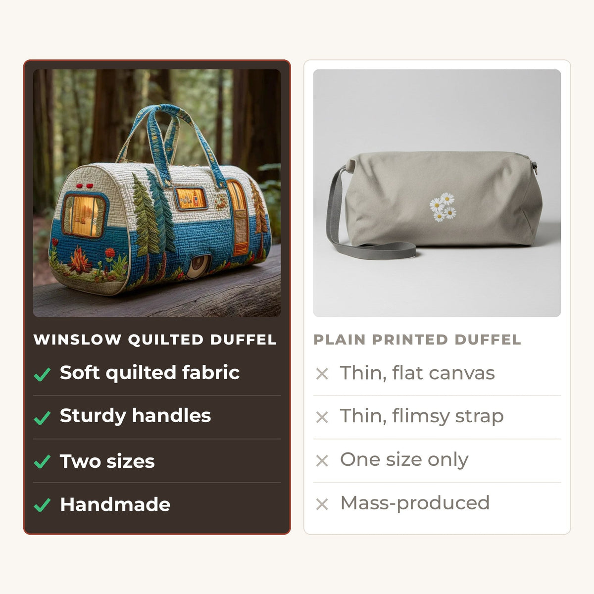 Quilted Duffel Bag - Camping Caravan compared with a plain printed duffel