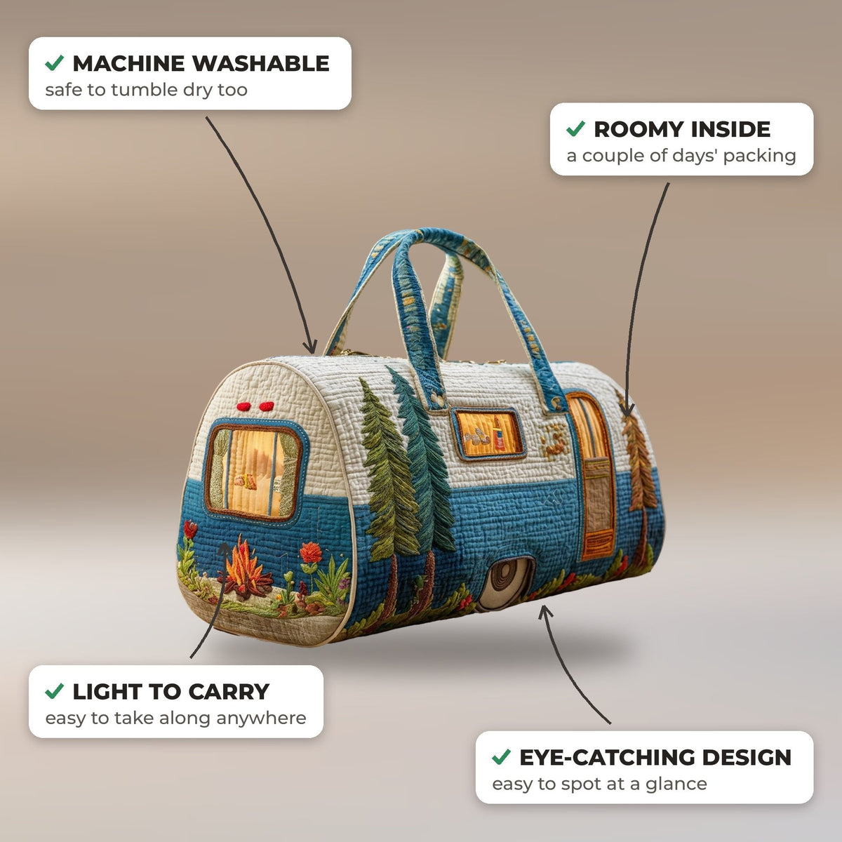 Quilted Duffel Bag - Camping Caravan features: machine washable, roomy inside, light to carry