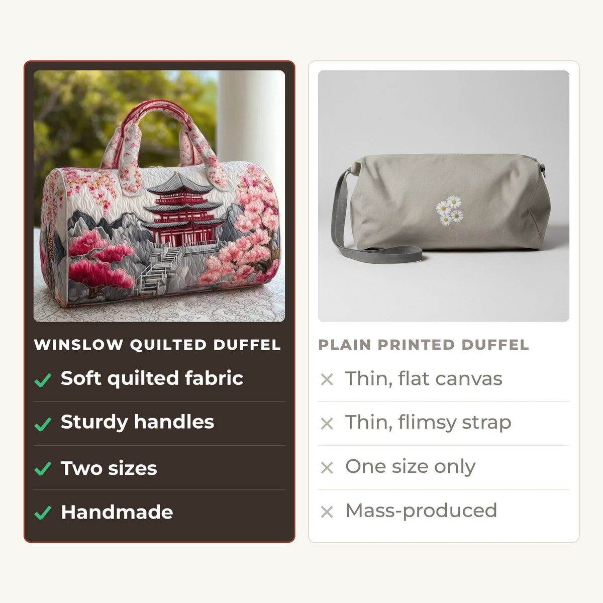 Quilted Duffel Bag - Cherry Blossom Pagoda compared with a plain printed duffel