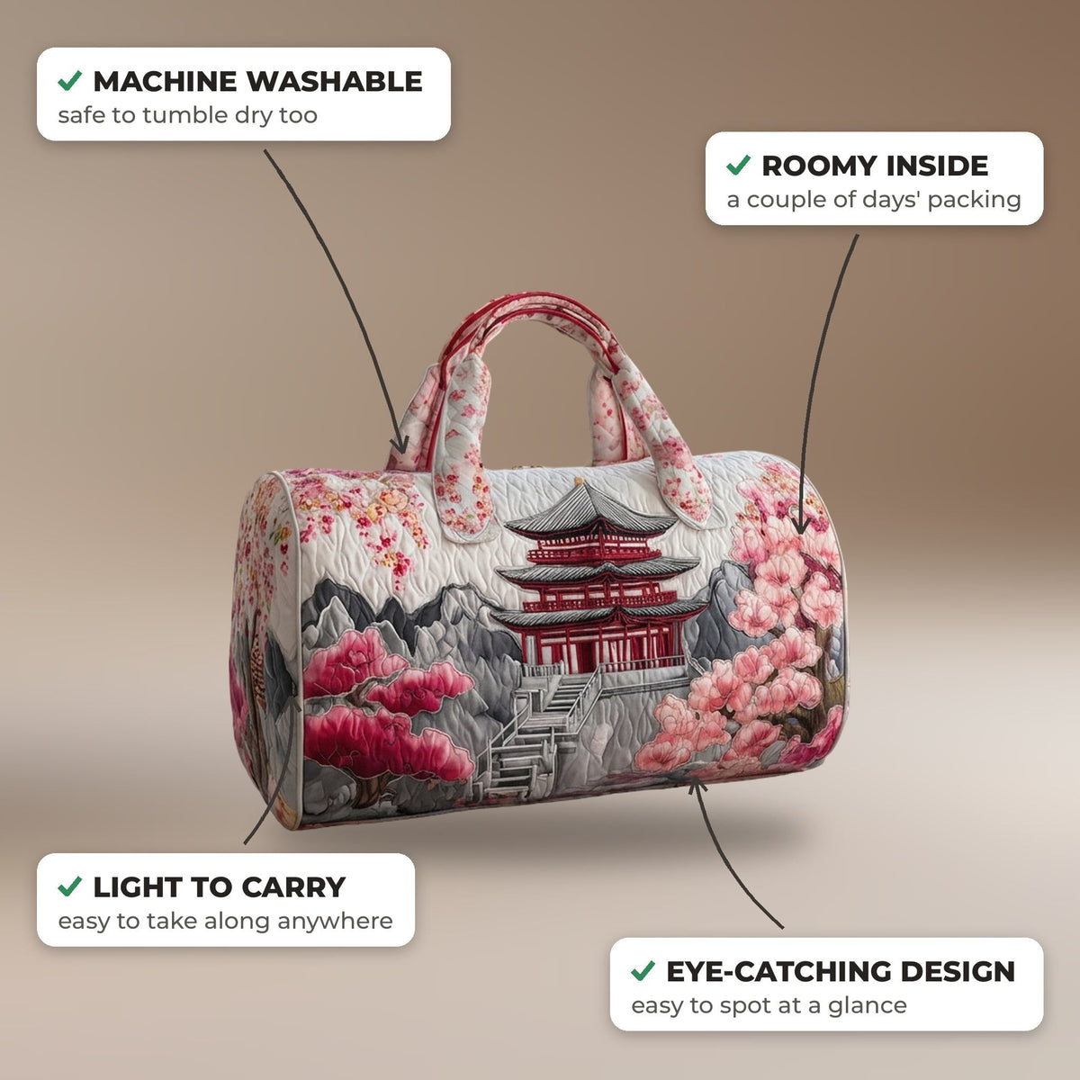 Quilted Duffel Bag - Cherry Blossom Pagoda features: machine washable, roomy inside, light to carry