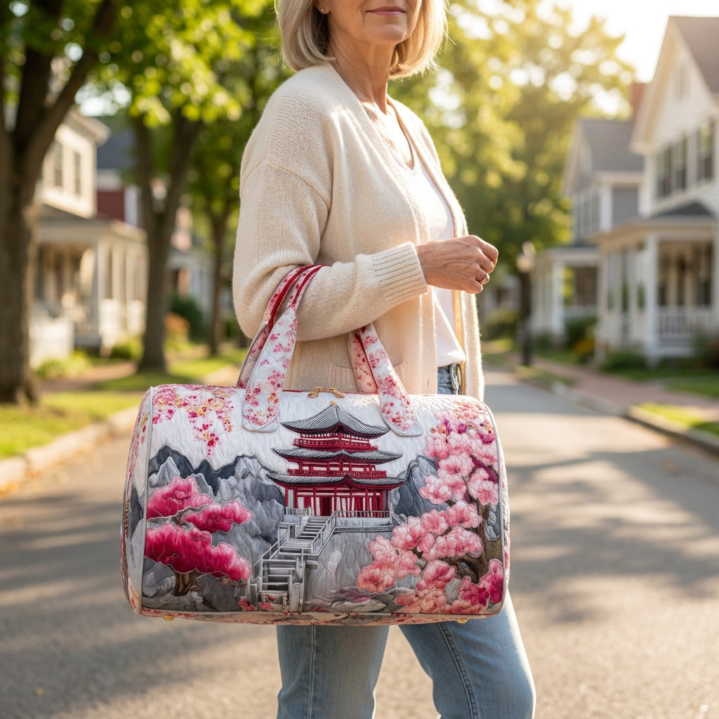 Quilted Duffel Bag - Cherry Blossom Pagoda, lifestyle photo