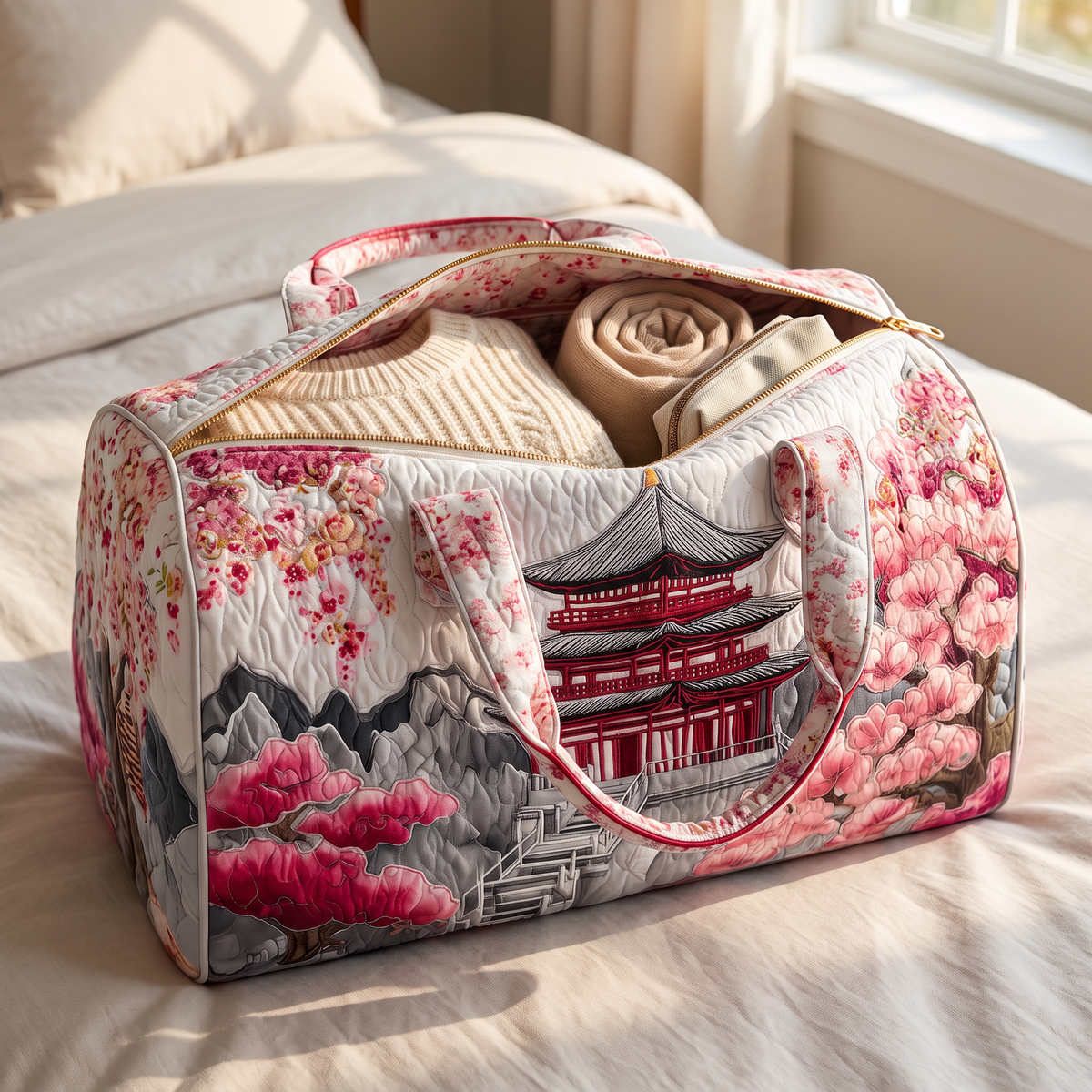Quilted Duffel Bag - Cherry Blossom Pagoda