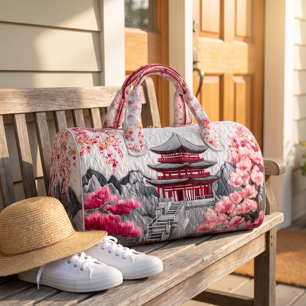 Quilted Duffel Bag - Cherry Blossom Pagoda