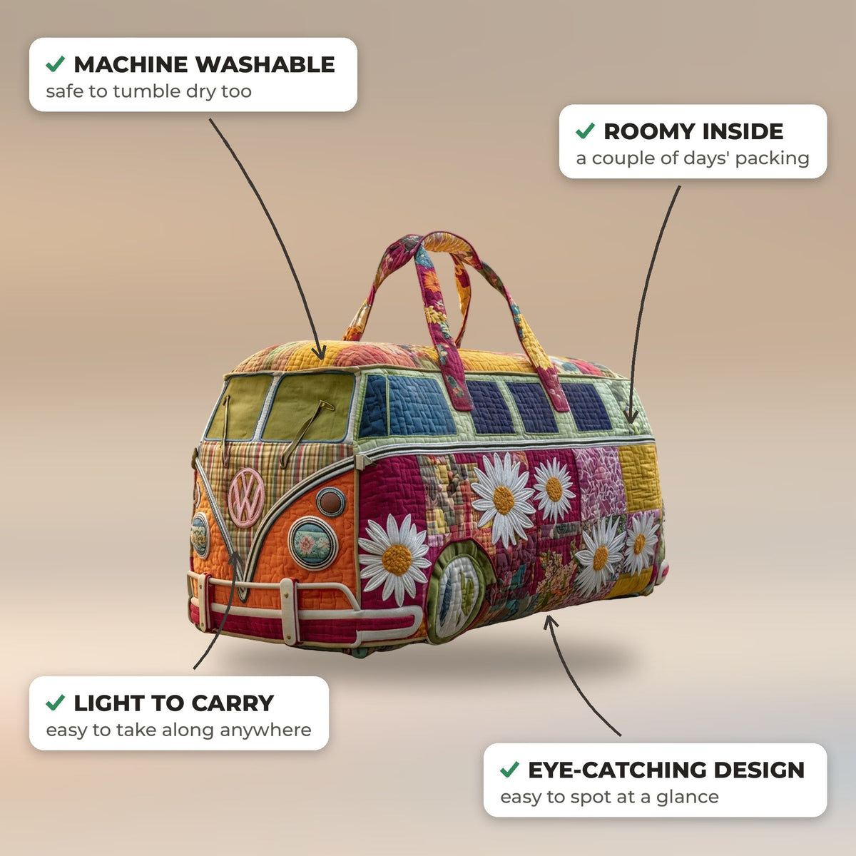 Quilted Duffel Bag - Daisy Camper features: machine washable, roomy inside, light to carry