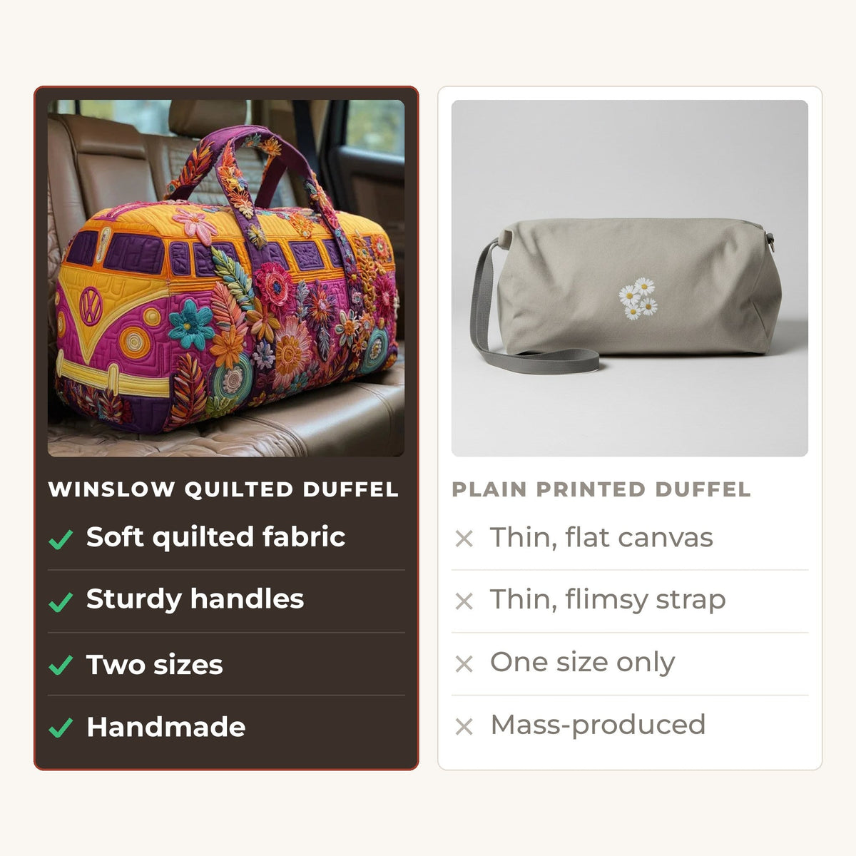 Quilted Duffel Bag - Folk Flower Camper compared with a plain printed duffel
