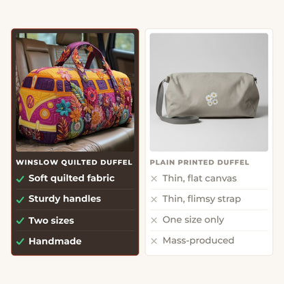 Quilted Duffel Bag - Folk Flower Camper compared with a plain printed duffel