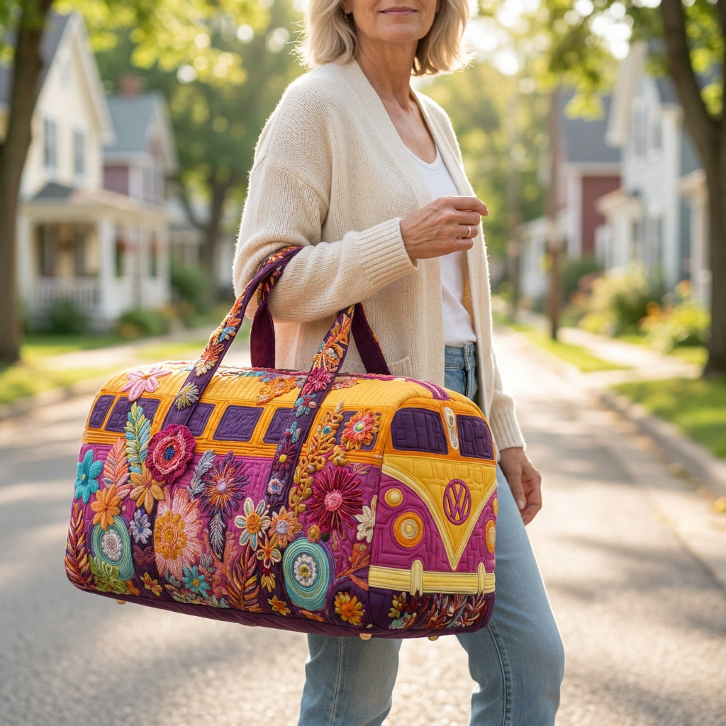 Quilted Duffel Bag - Folk Flower Camper, lifestyle photo