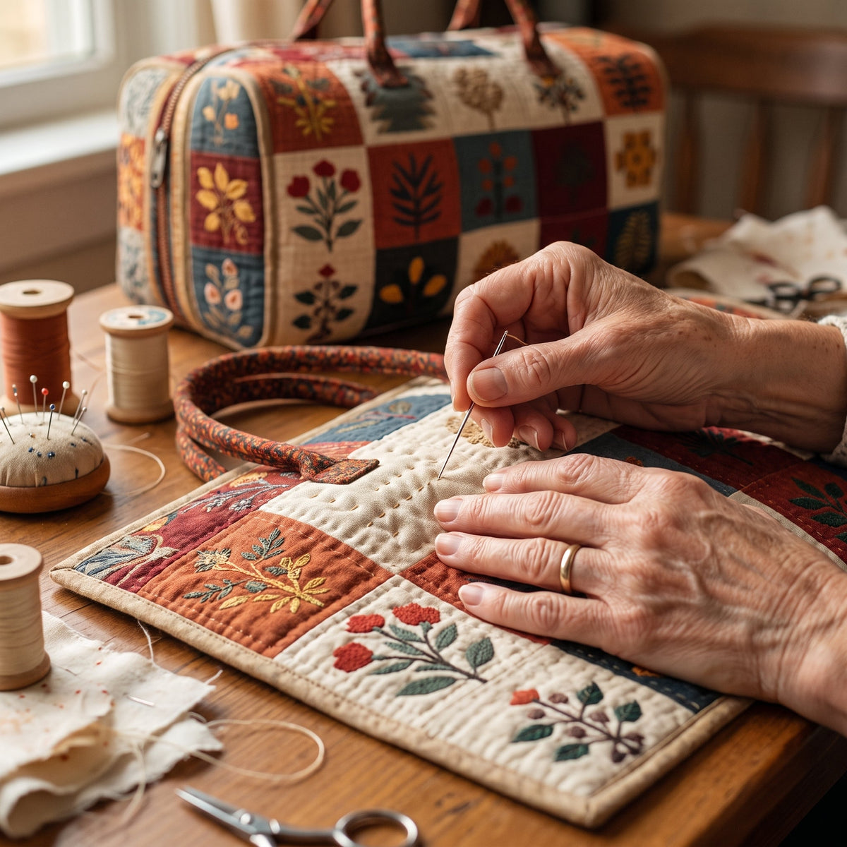 Quilted Duffel Bag - Folk Flower Patchwork