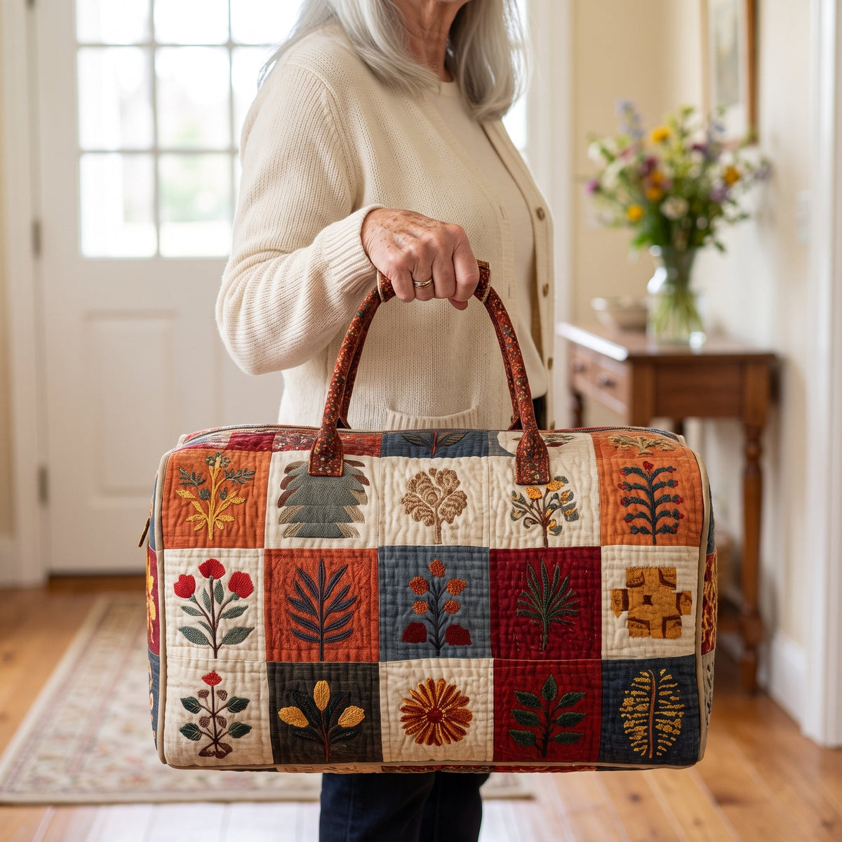 Quilted Duffel Bag - Folk Flower Patchwork