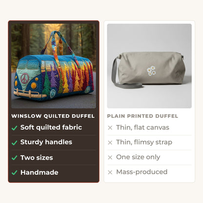 Quilted Duffel Bag - Forest Camper compared with a plain printed duffel