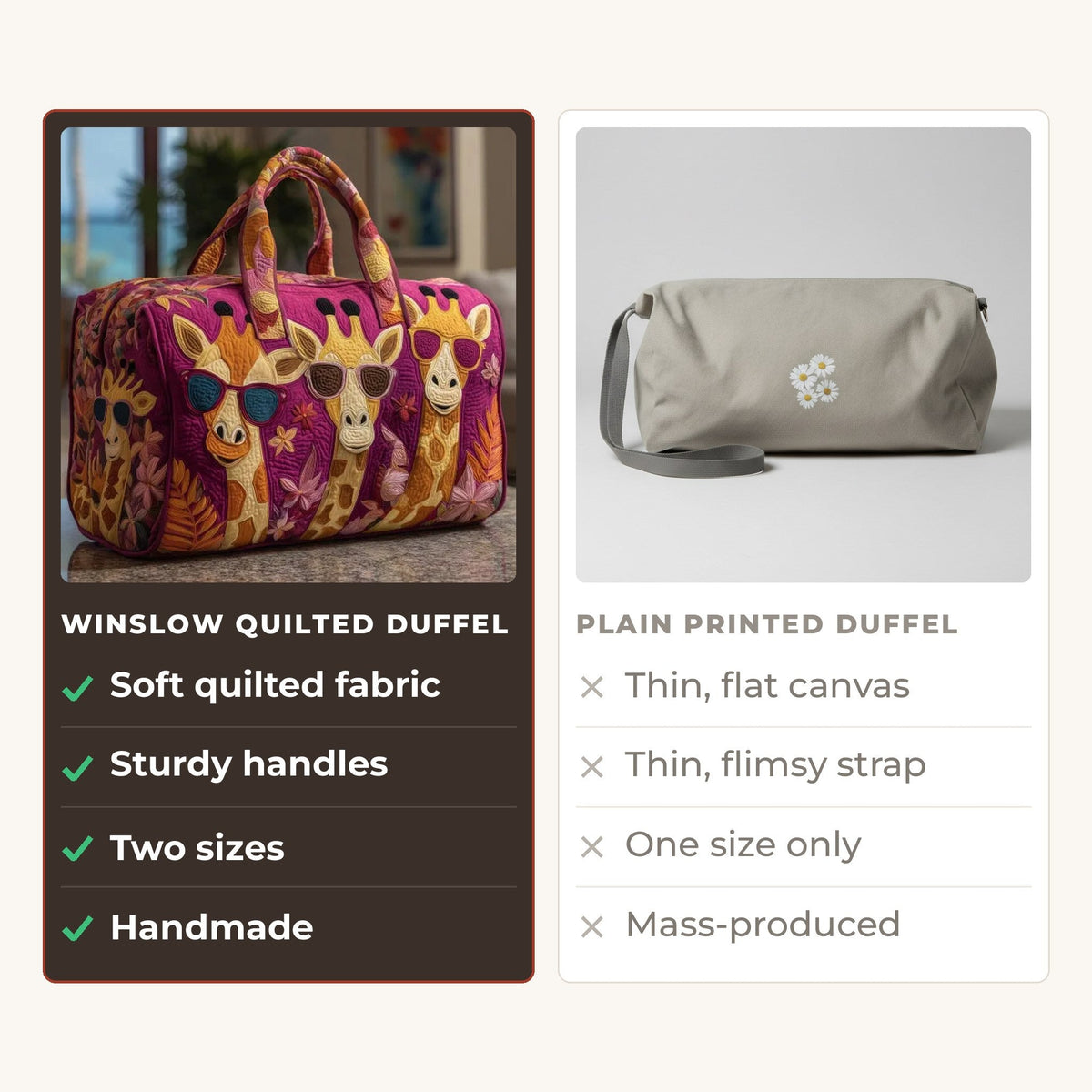 Quilted Duffel Bag - Giraffes in Sunglasses compared with a plain printed duffel