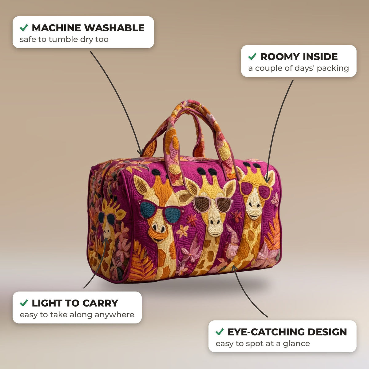 Quilted Duffel Bag - Giraffes in Sunglasses features: machine washable, roomy inside, light to carry