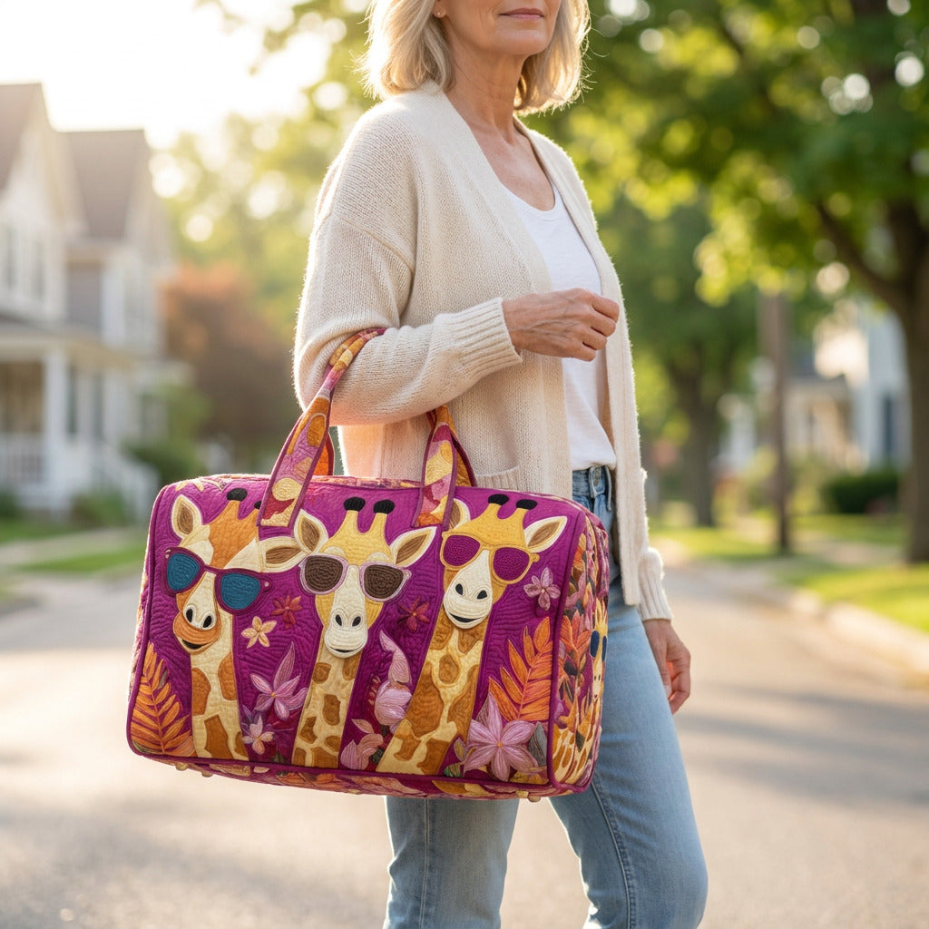 Quilted Duffel Bag - Giraffes in Sunglasses, lifestyle photo