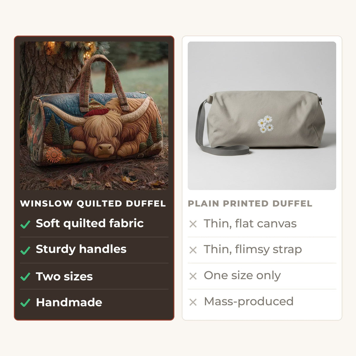 Quilted Duffel Bag - Highland Cow at Rest compared with a plain printed duffel