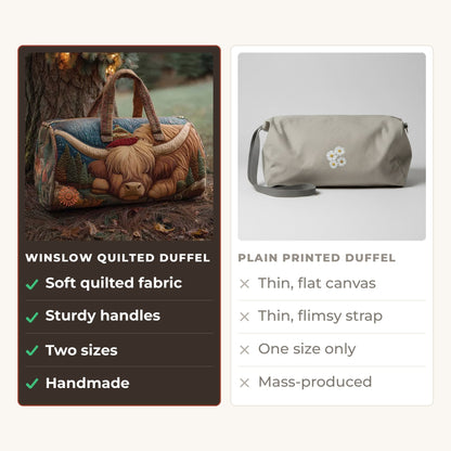 Quilted Duffel Bag - Highland Cow at Rest compared with a plain printed duffel