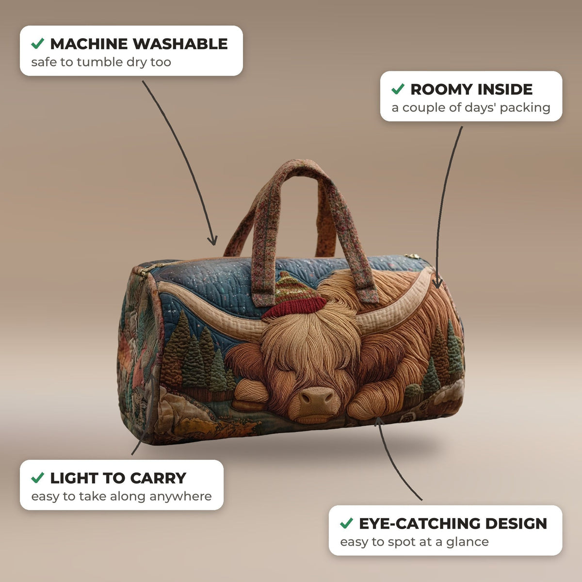 Quilted Duffel Bag - Highland Cow at Rest features: machine washable, roomy inside, light to carry
