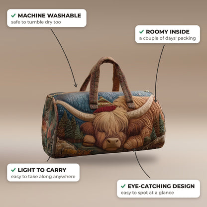 Quilted Duffel Bag - Highland Cow at Rest features: machine washable, roomy inside, light to carry
