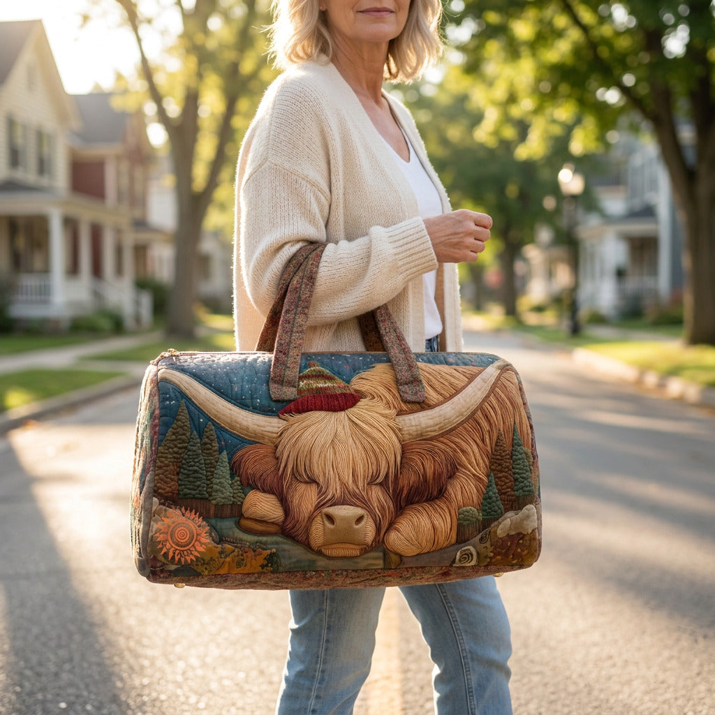 Quilted Duffel Bag - Highland Cow at Rest, lifestyle photo