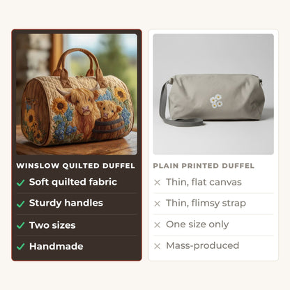 Quilted Duffel Bag - Highland Cows with Sunflowers compared with a plain printed duffel