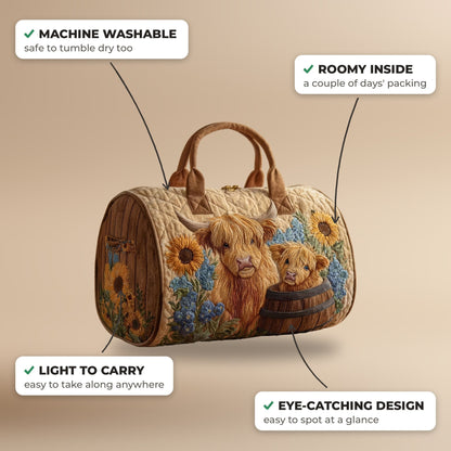 Quilted Duffel Bag - Highland Cows with Sunflowers features: machine washable, roomy inside, light to carry