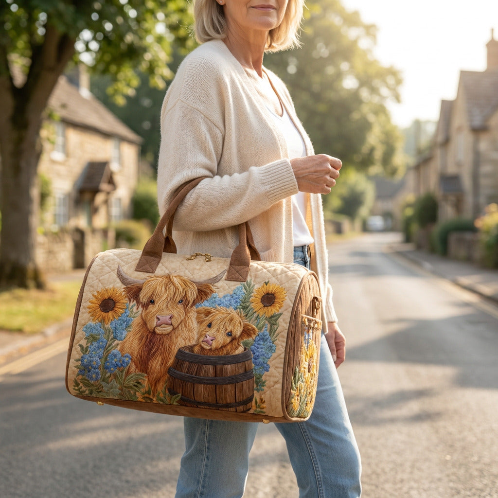 Quilted Duffel Bag - Highland Cows with Sunflowers, lifestyle photo