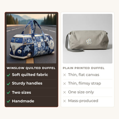 Quilted Duffel Bag - Indigo Camper compared with a plain printed duffel