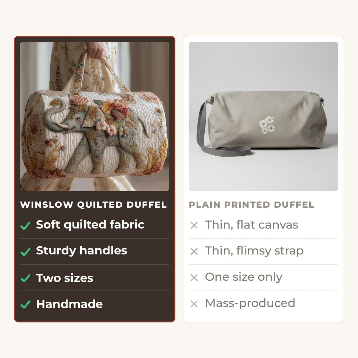 Quilted Duffel Bag - Ivory Elephant compared with a plain printed duffel