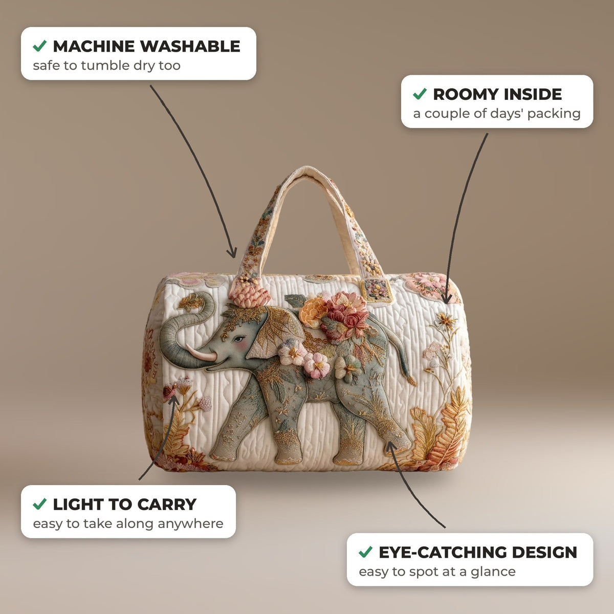 Quilted Duffel Bag - Ivory Elephant features: machine washable, roomy inside, light to carry