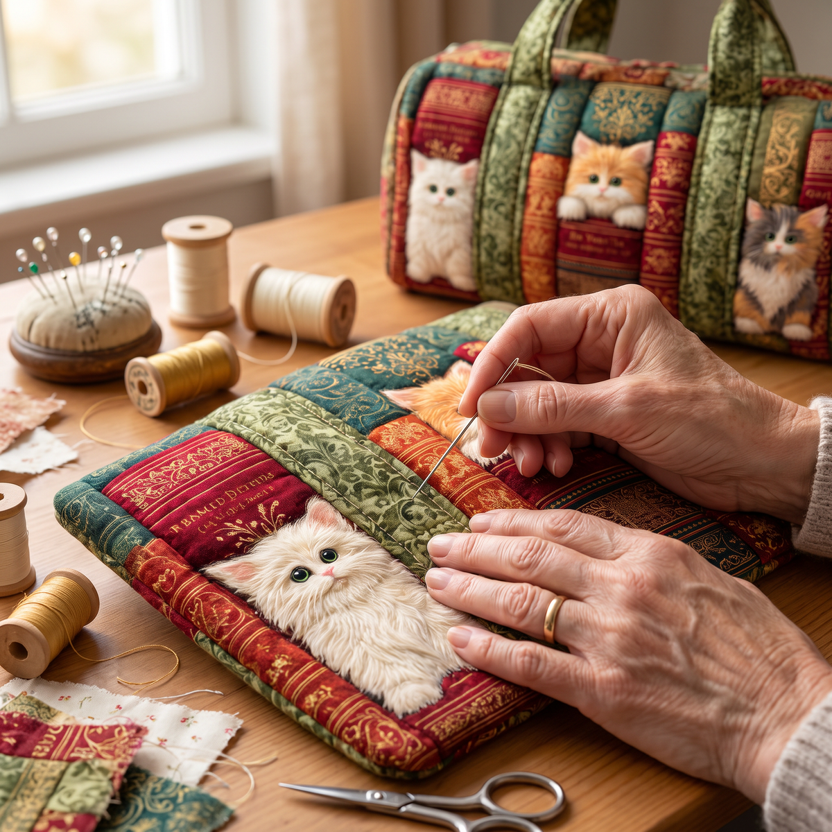 Quilted Duffel Bag - Kittens in the Bookshelf