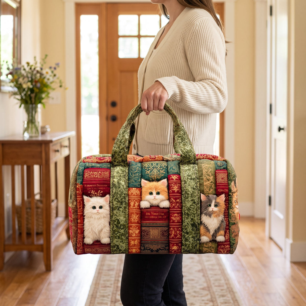Quilted Duffel Bag - Kittens in the Bookshelf