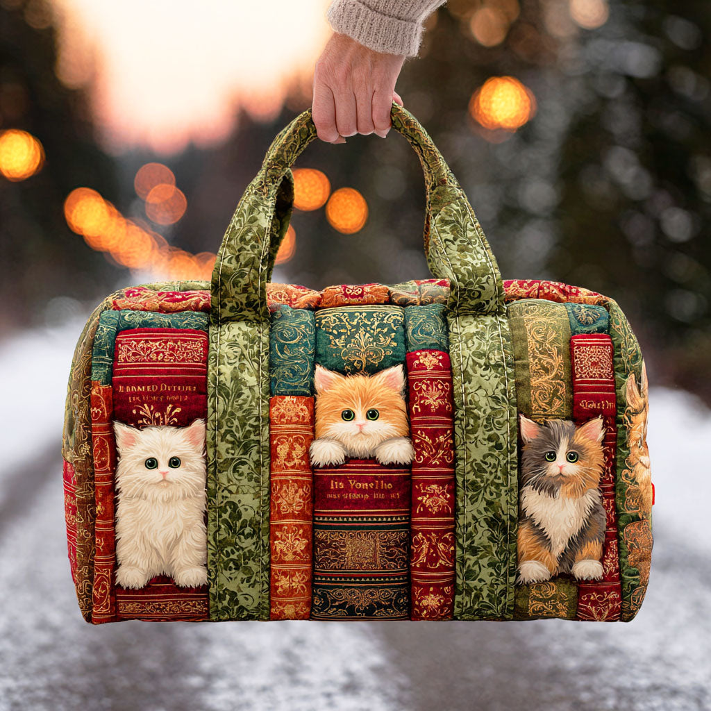 Quilted Duffel Bag - Kittens in the Bookshelf